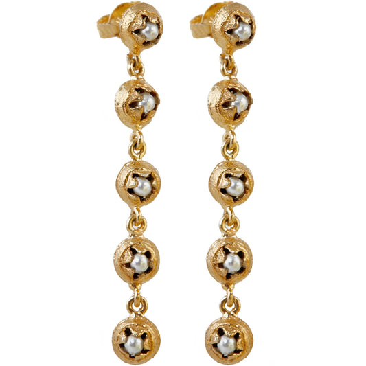 Pair of gold dangle earrings with five discs each and glass pearl in each disc.