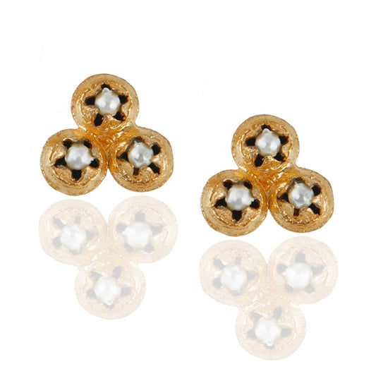 Pair of gold earrings each with three small seed round discs with glass pearl in each center.