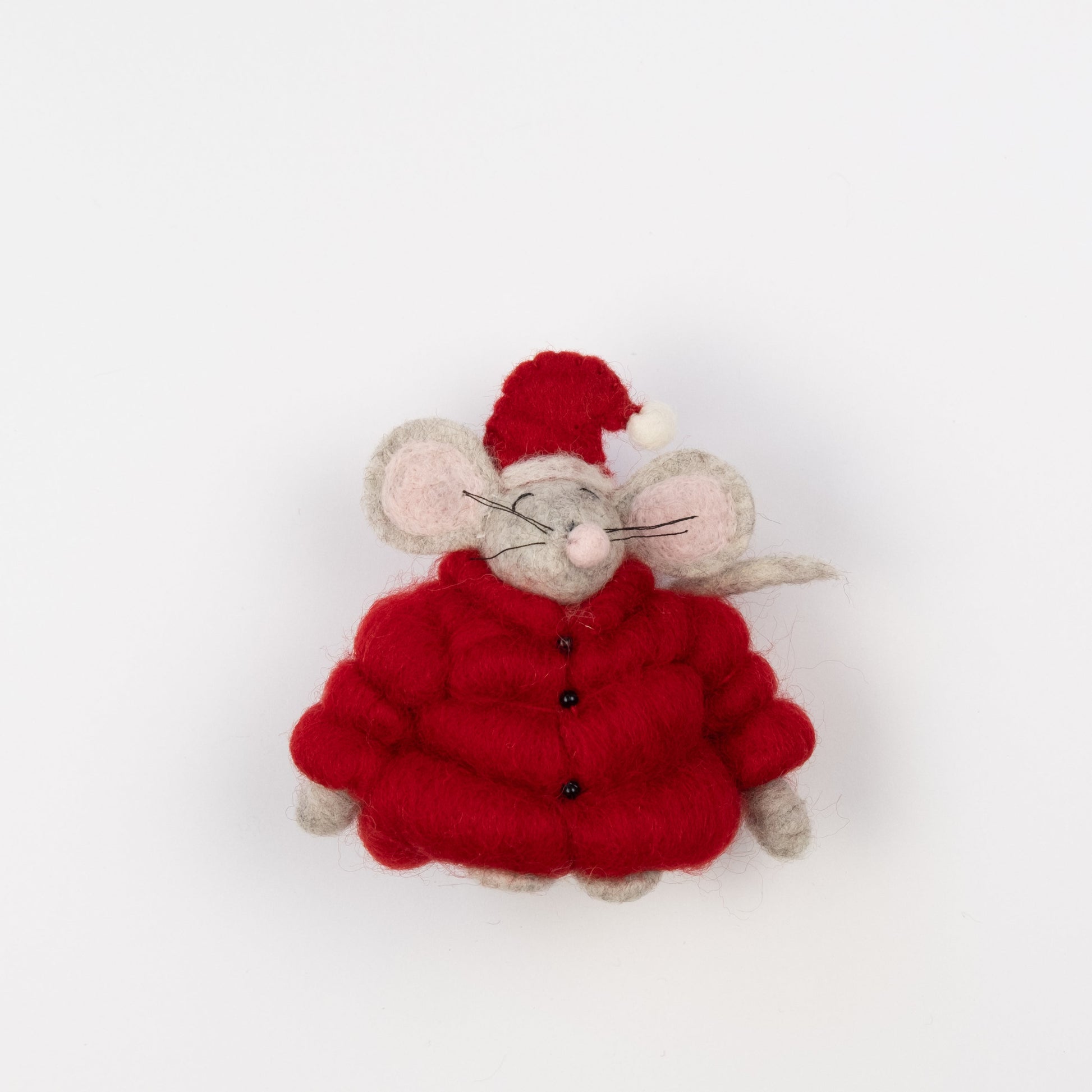 Felt ornament of a mouse in red puffer jacket and Santa hat.