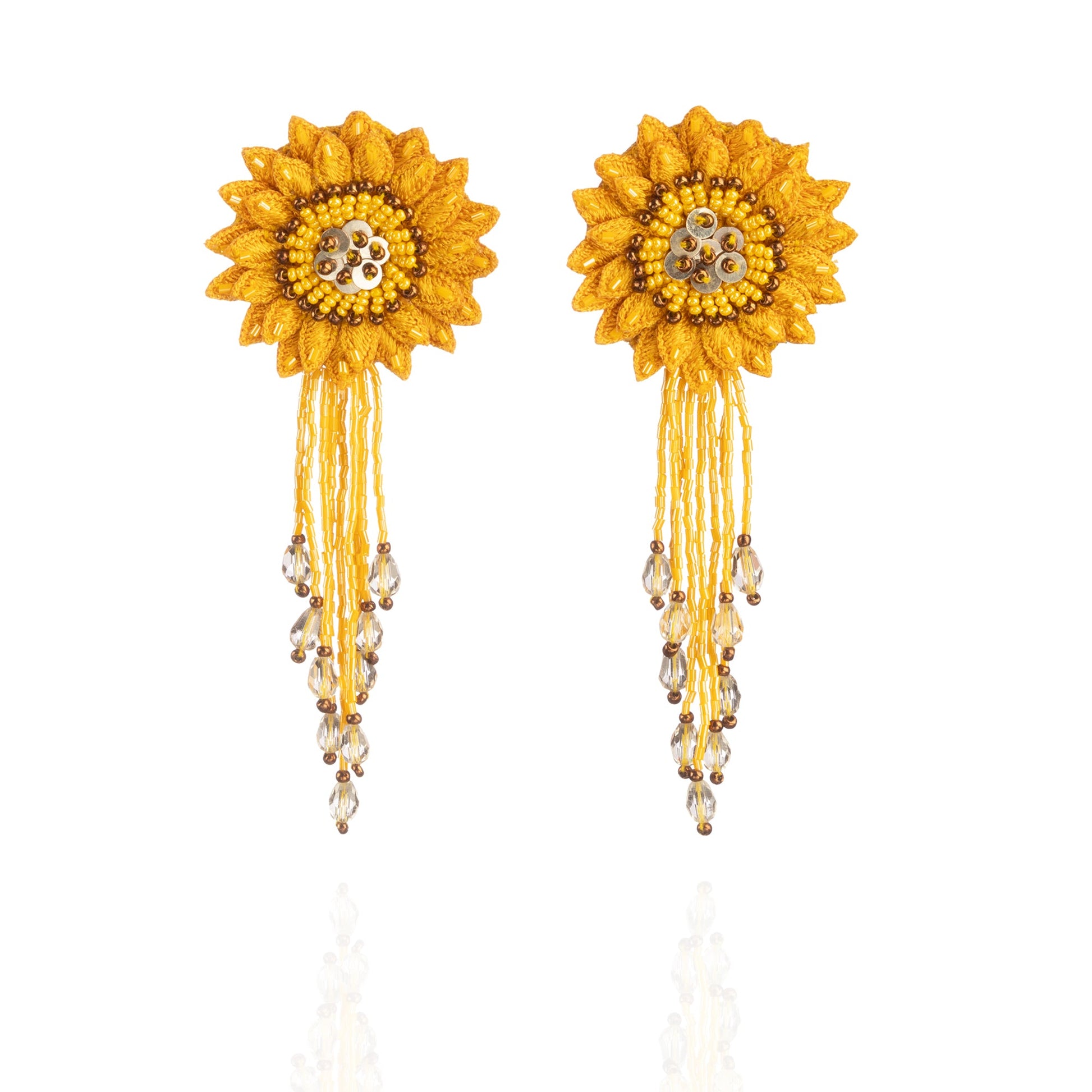 Yellow variation of pair of dahlia design earrings in red, yellow, green, and brown.