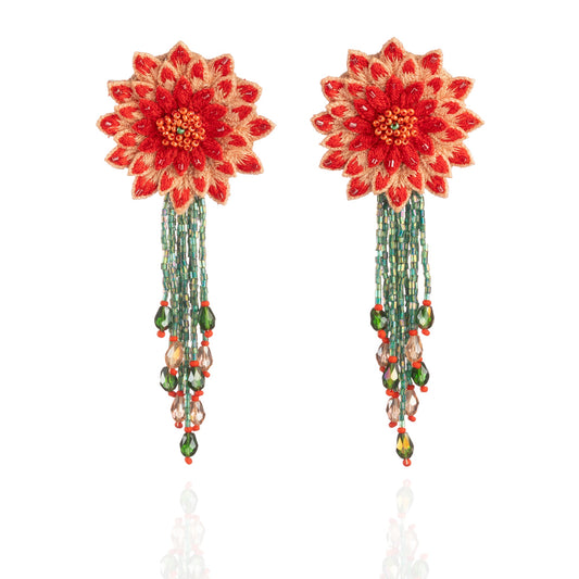 Pair of dahlia design earrings in red, yellow, green, and brown.
