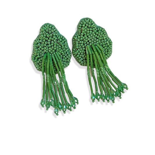 Pair of beaded green glass tassel earrings.