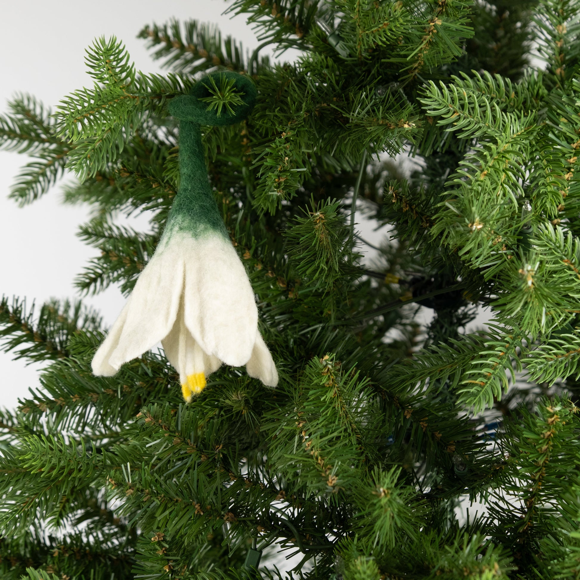 Felt ornament of a white flower on a Christmas tree.