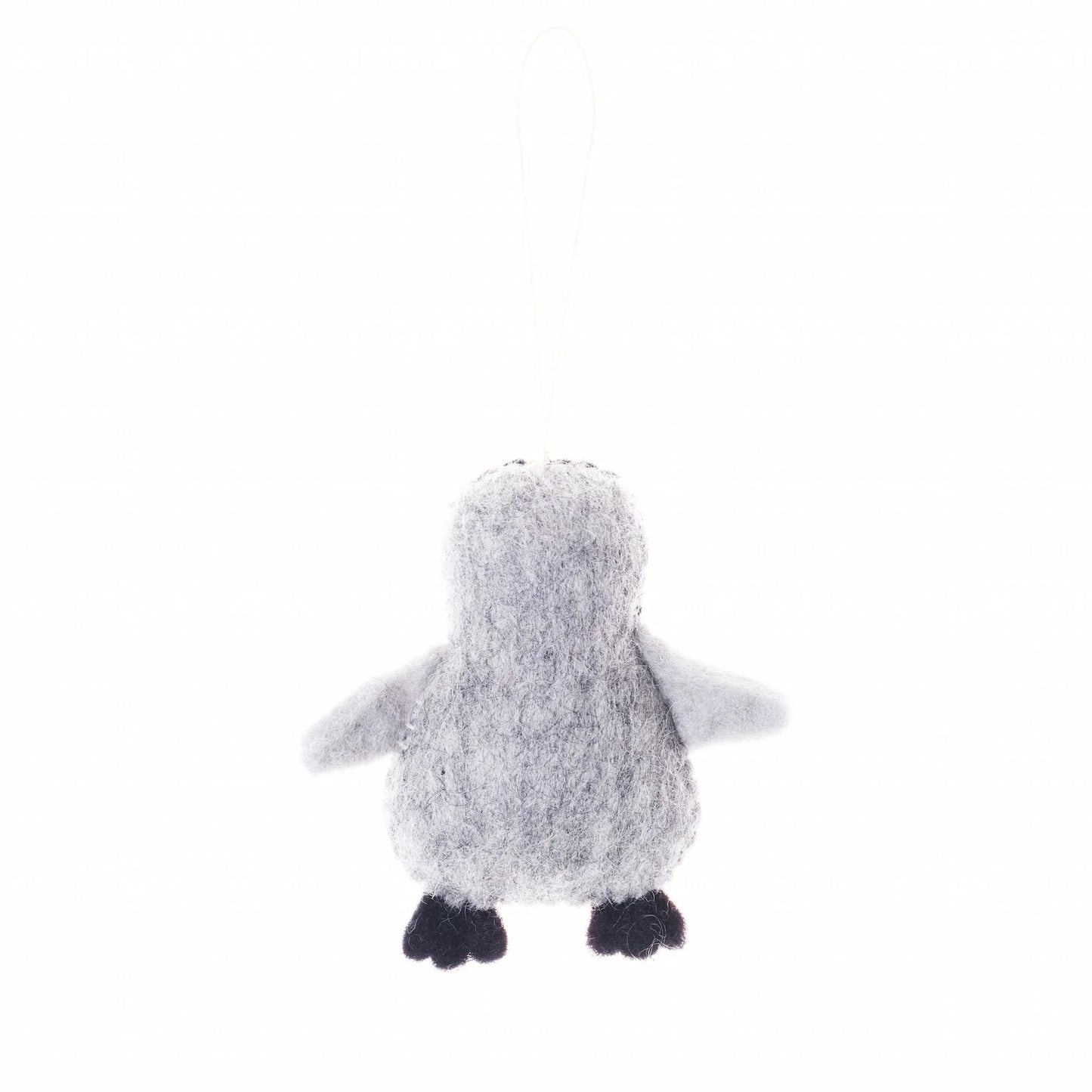 Back view of a felted wool ornament of a grey and black penguin.