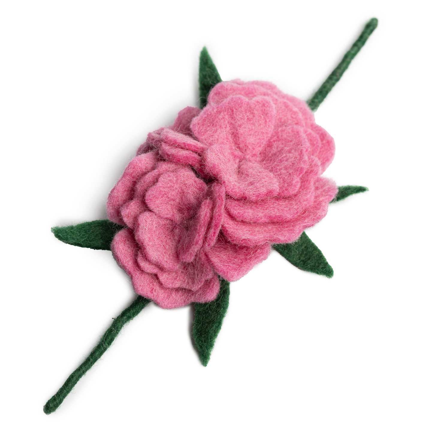 Felt gift topper of two pink carnations with green leaves.