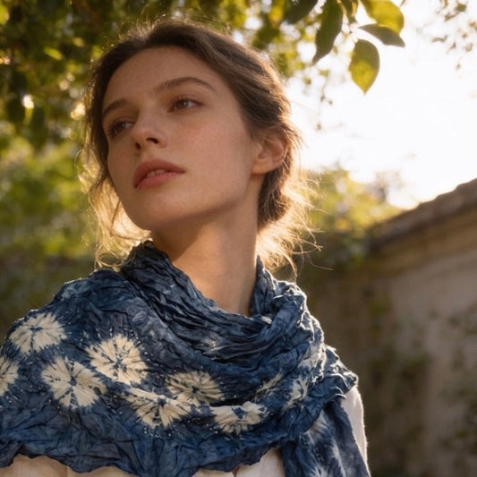 Natural indigo-dyed silk scarf in dark blue with white diamond shapes, draped around a model’s neck.
