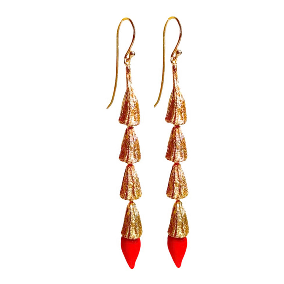 Pair of red and gold chili pod earrings with gold plated findings.