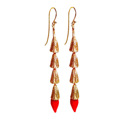 Pair of red and gold chili pod earrings with gold plated findings.
