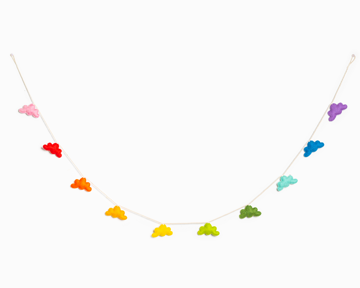 Hanging felt garland of rainbow clouds in pink, red, orange, golden yellow, yellow, light green, sky blue, blue and purple.