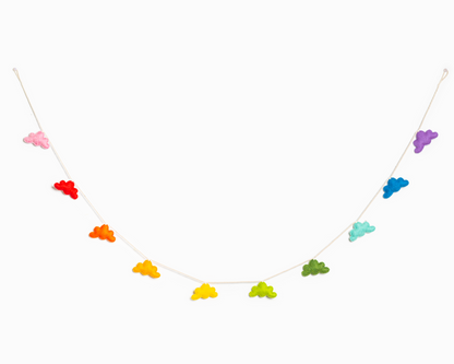 Hanging felt garland of rainbow clouds in pink, red, orange, golden yellow, yellow, light green, sky blue, blue and purple.