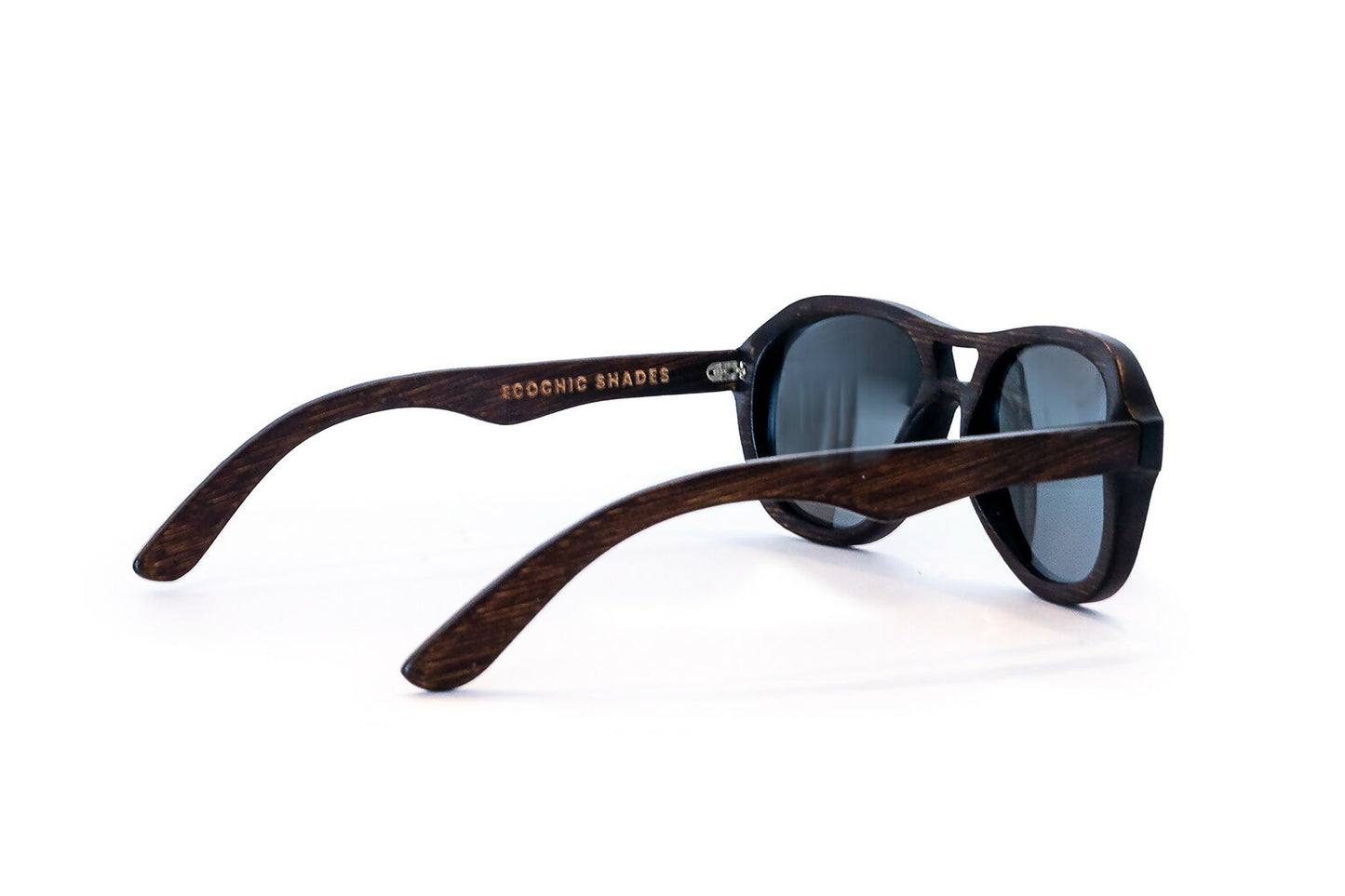 Back diagonal view of avion style dark brown bamboo sunglasses with mirrored lenses.