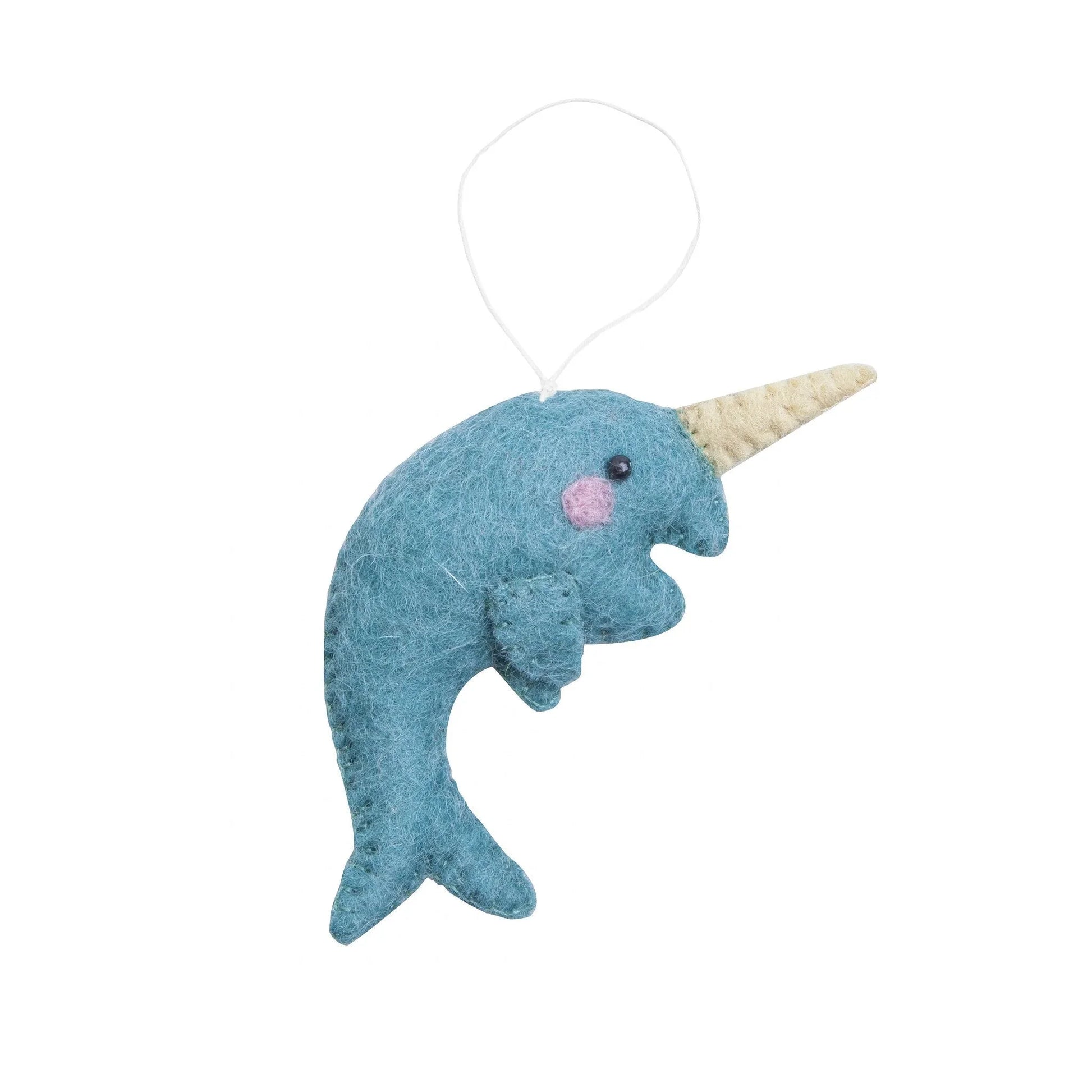 Felted wool ornament of a blue narwal.