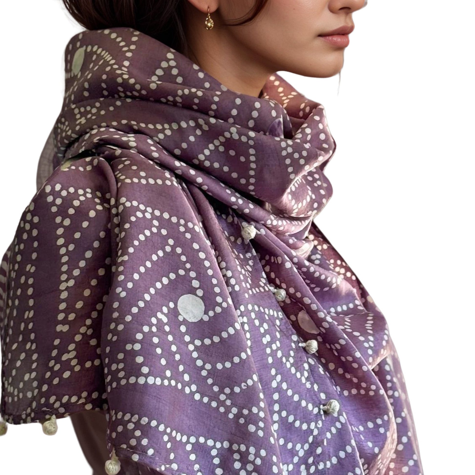 Right side closeup view of woman wearing purple and natural scarf.
