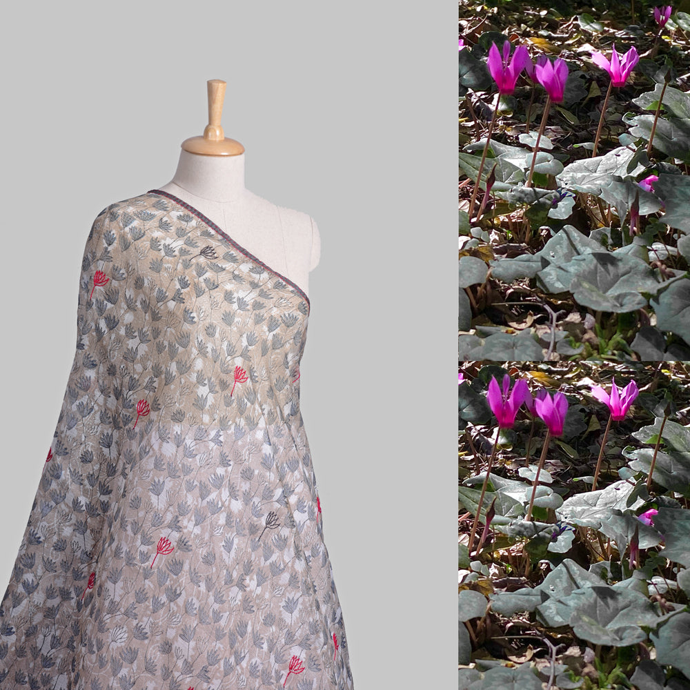 Split picture of white with blue and pinkish red flowers shoulder wrap on left and pink shooting star flowers on right.