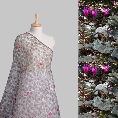 Split picture of white with blue and pinkish red flowers shoulder wrap on left and pink shooting star flowers on right.