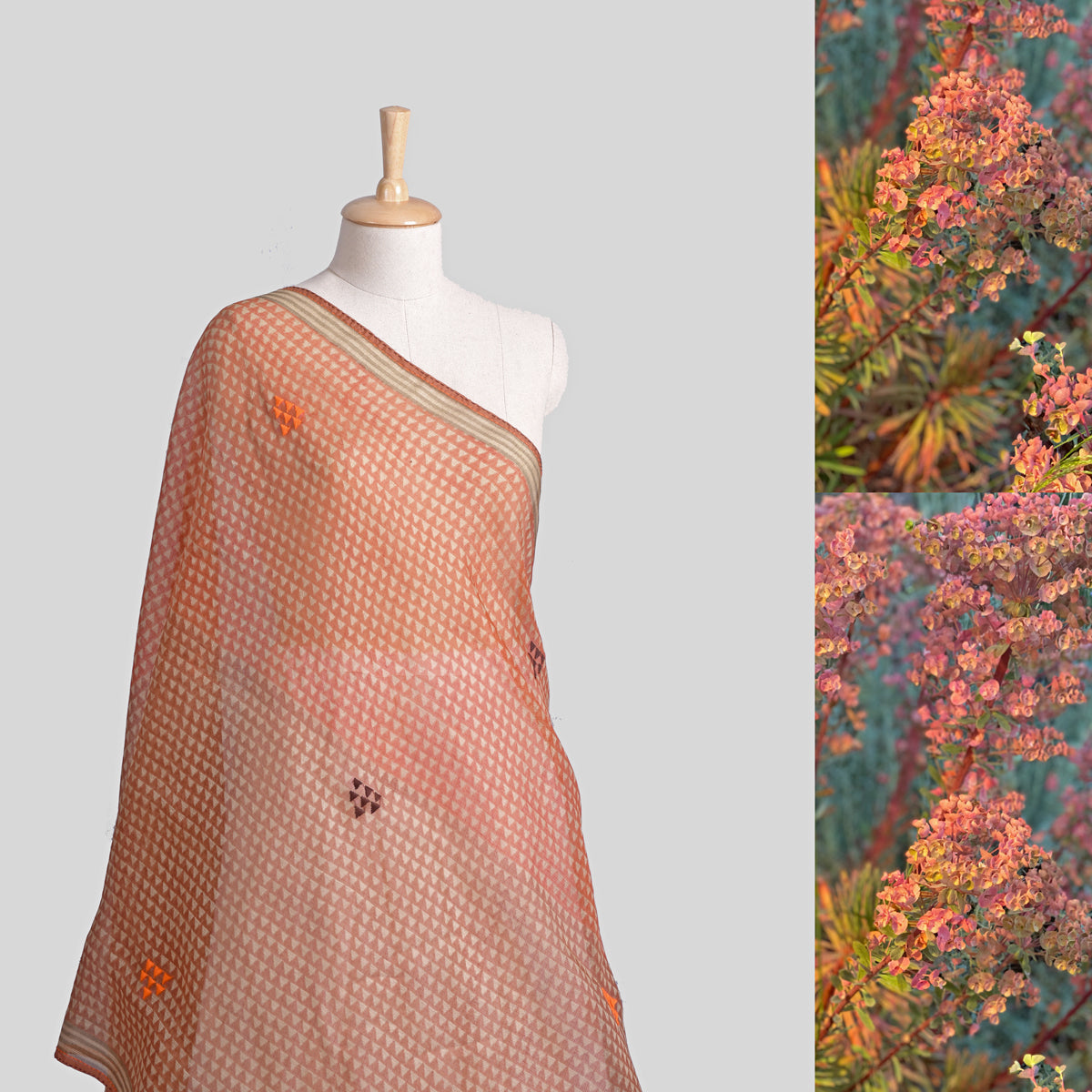Manikin wearing orange and natural shoulder wrap on left side of screen and similar colored flowers on right side of screen.