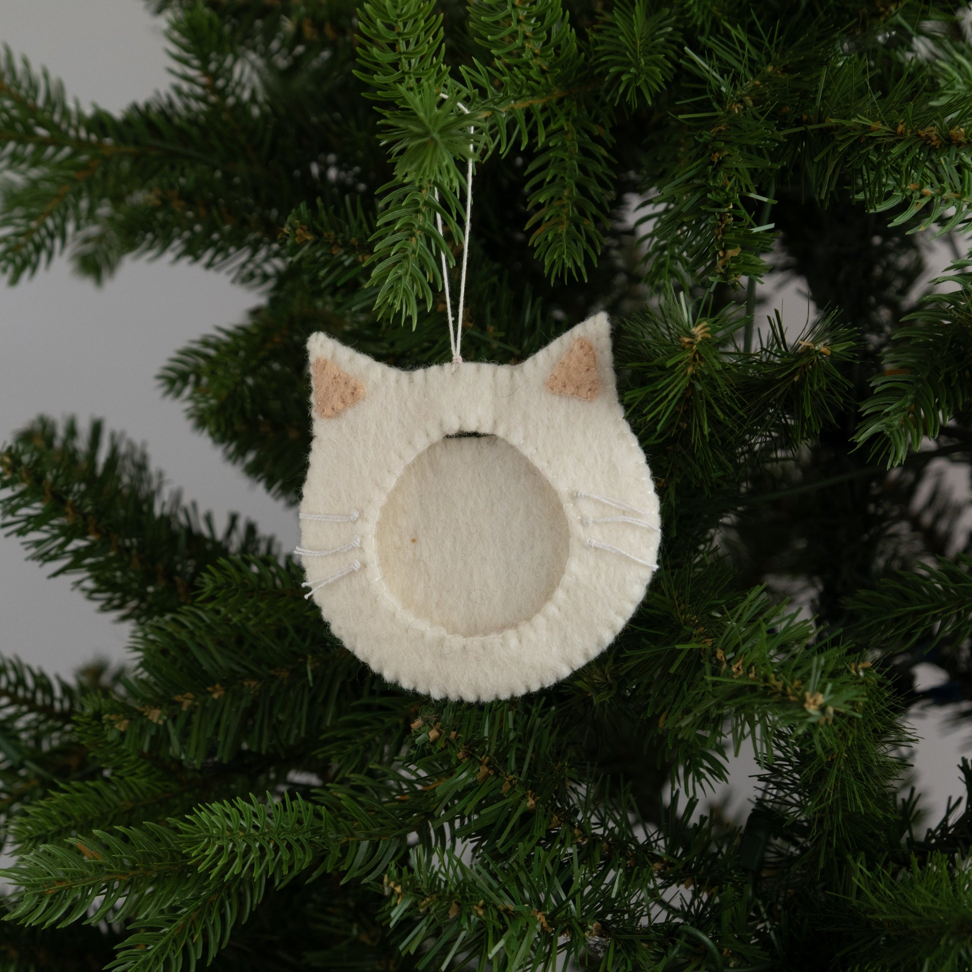 Felt ornament of a white cat face outline with a frame in the middle to put a photograph hanging on a Christmas tree.