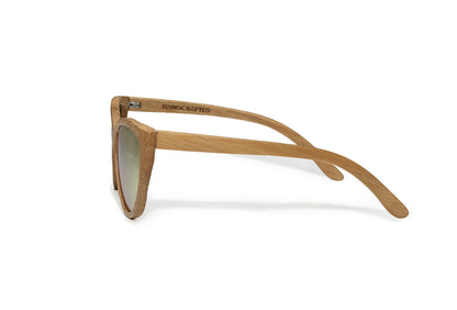 Side view of natural colored bamboo sunglasses with rose gold mirrored lenses.