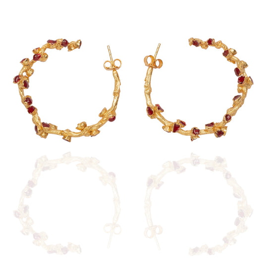 Pair of red and gold hoop earrings.