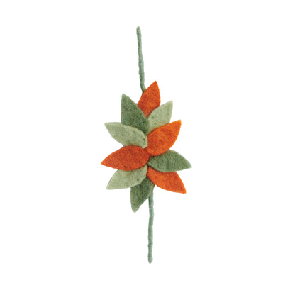 Felt gift topper with fall leaves in dark green, light green, and orange.
