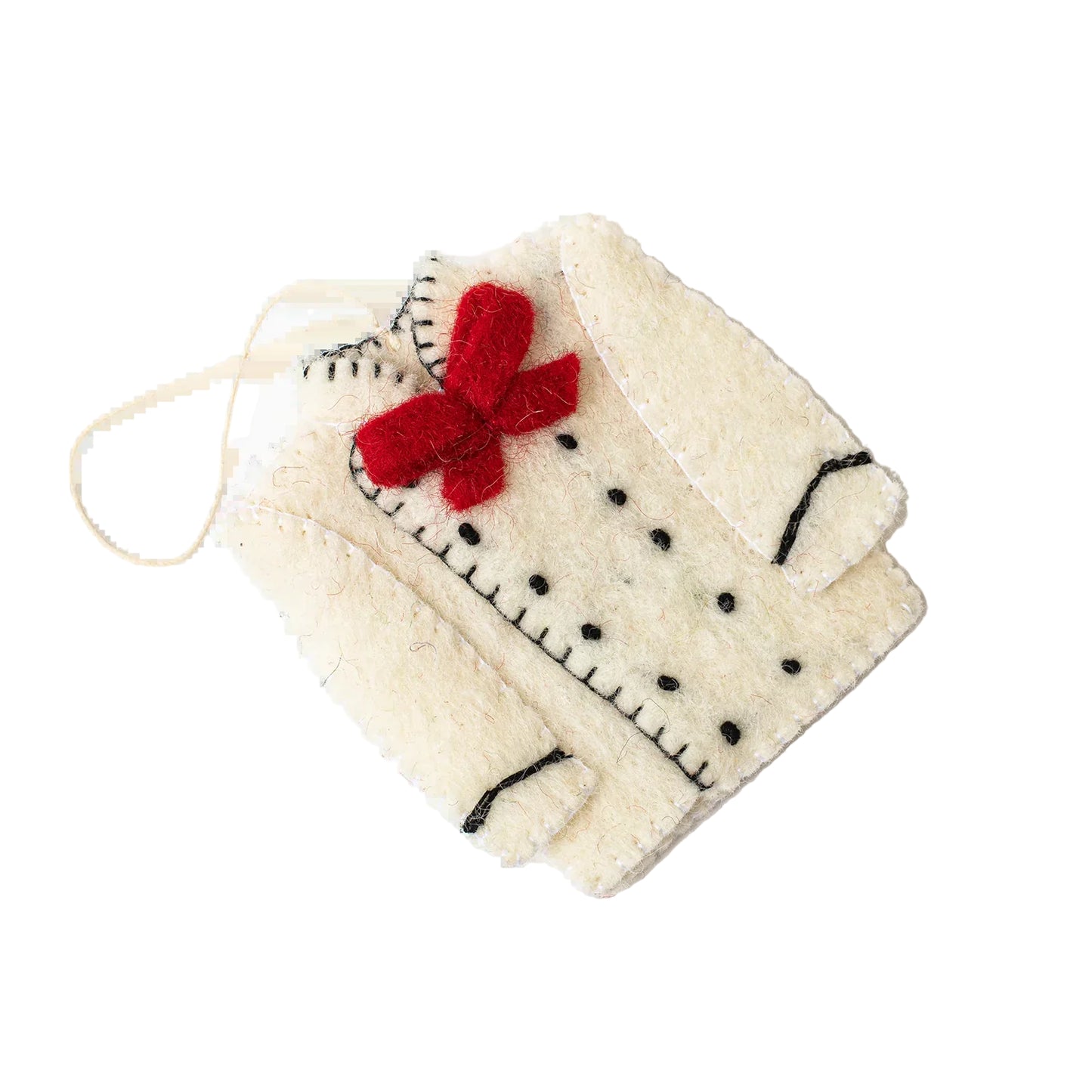 Felt ornament of a white chef's coat with a red bow at the top.