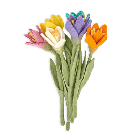 A bunch of pink, yellow, white, blue, purple, and orange felt crocus flowers.