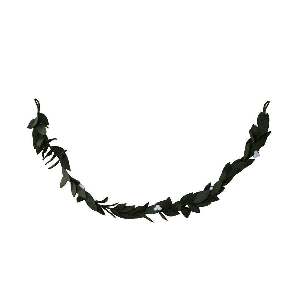 Green felt mistletoe garland with white berries hanging on wall.