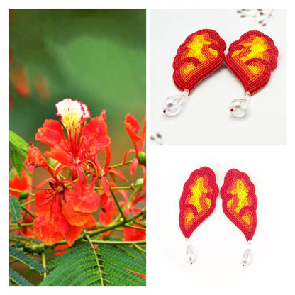 Photo of red flowers on left side of image with two images of Pair of red, orange, yellow glass beaded earrings with clear drop bead on right side of image.