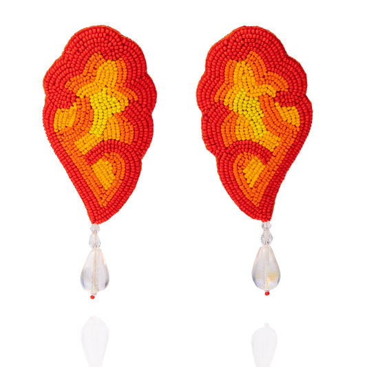 Pair of red, orange, yellow glass beaded earrings with clear drop bead.