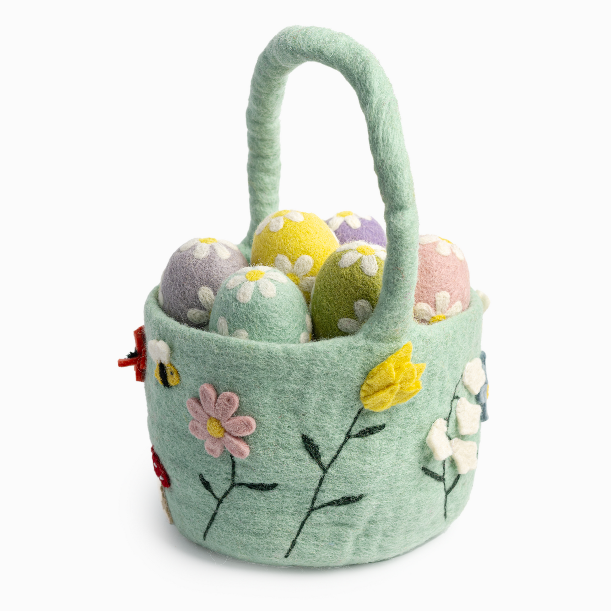 Light green felt easter basket with flowers and bees and easter eggs inside.