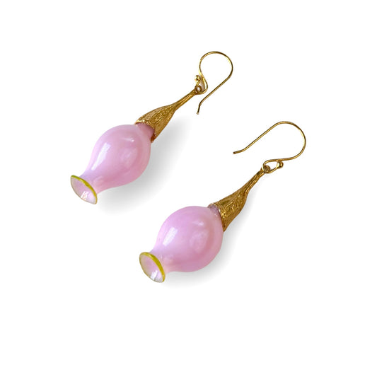 Pair of iridescent pink pod glass bud earrings with gold findings.