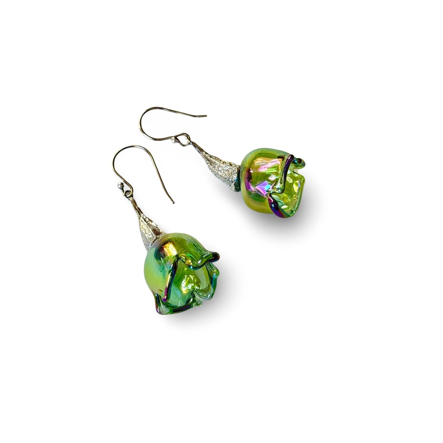 Pair of green pod glass earrings with silver findings.