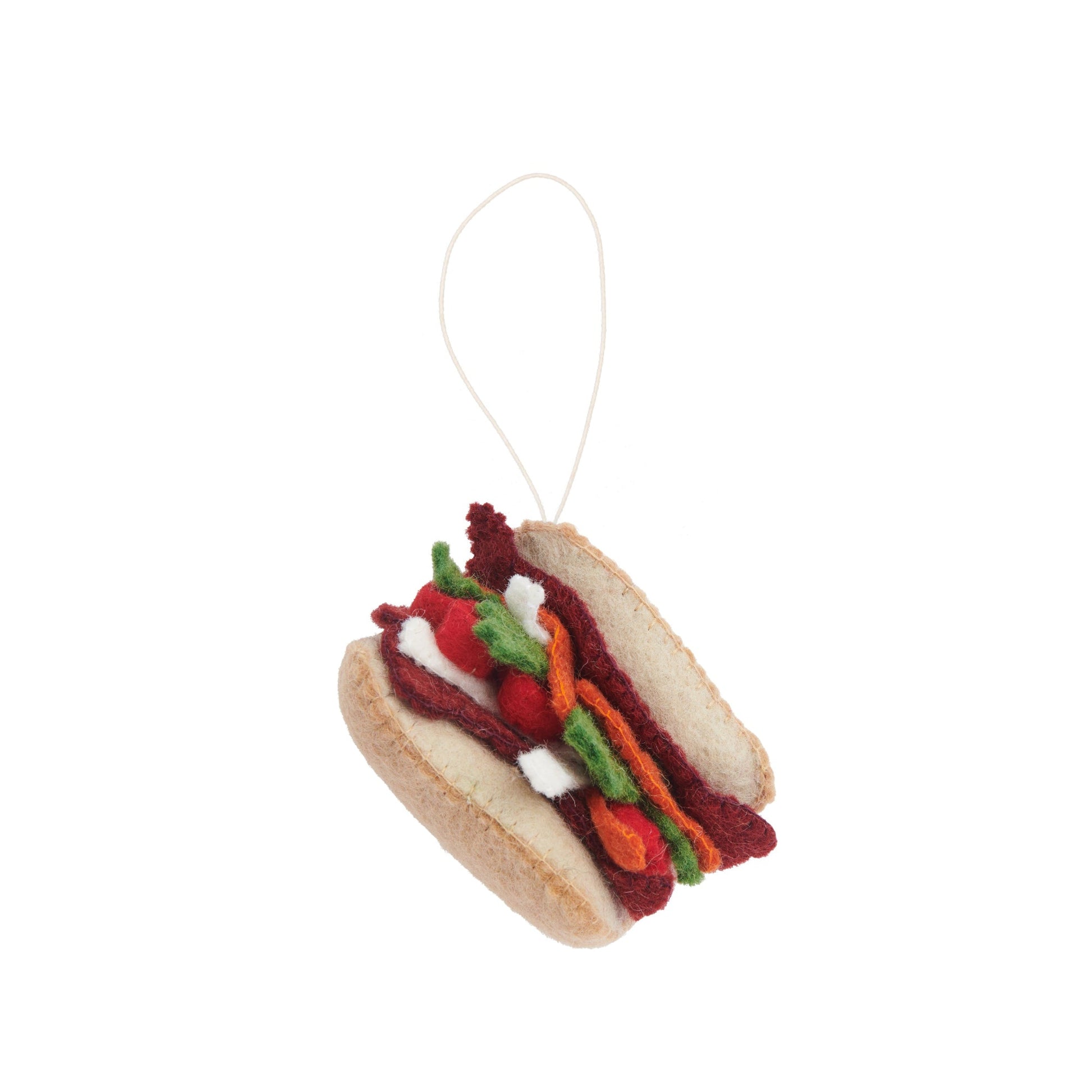 Felt ornament of a Banh Mi sandwich.