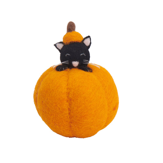 Small orange felt pumpkin with black cat poking its head out of top.