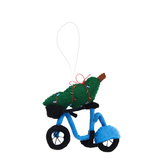 Felt ornament of a blue bike with a Christmas tree on top.