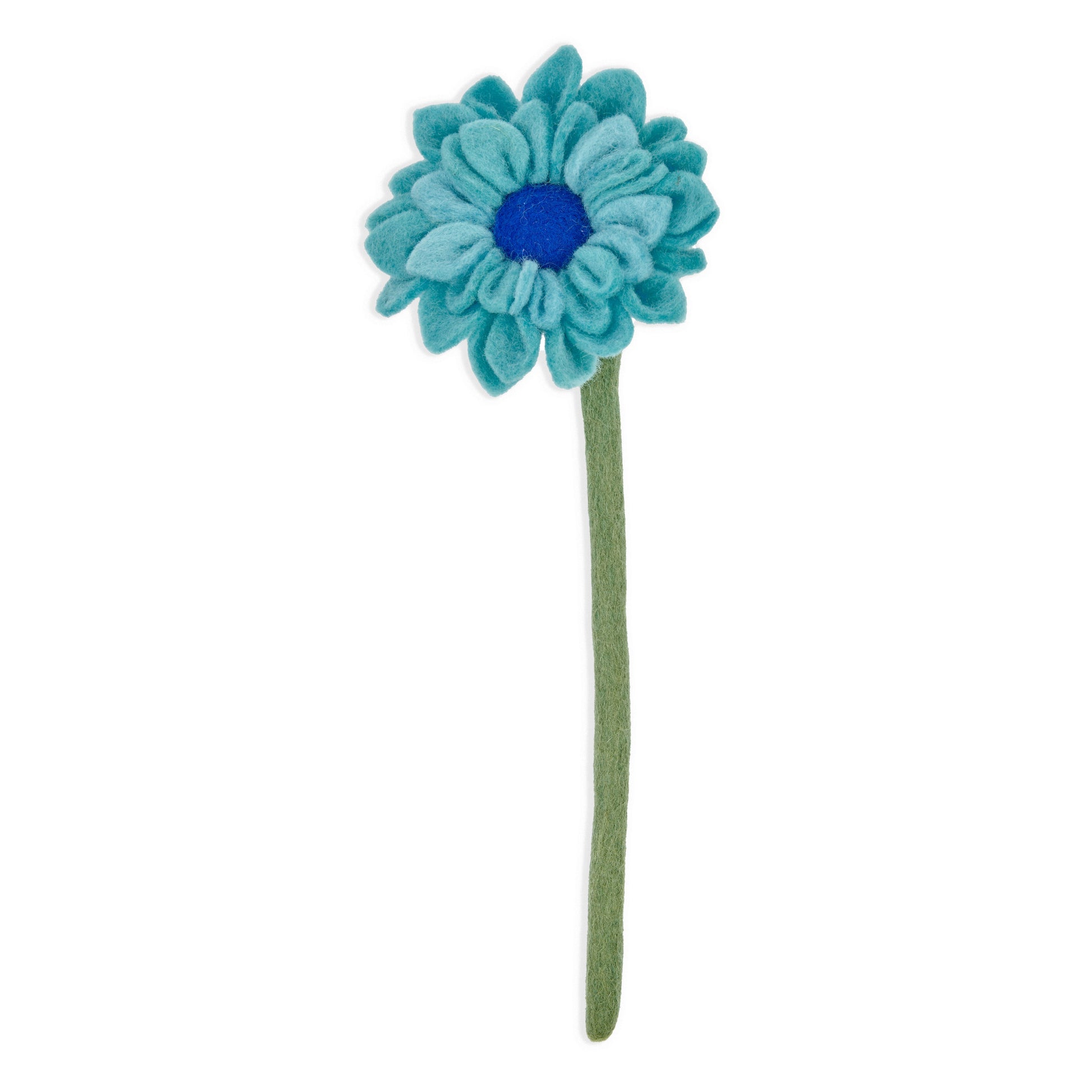 Blue felt dahlia flower with dark blue center.