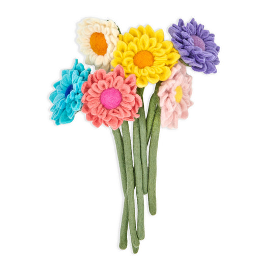 A bunch of felt dahlia flowers in blue, white, bright pink, purple and pink.