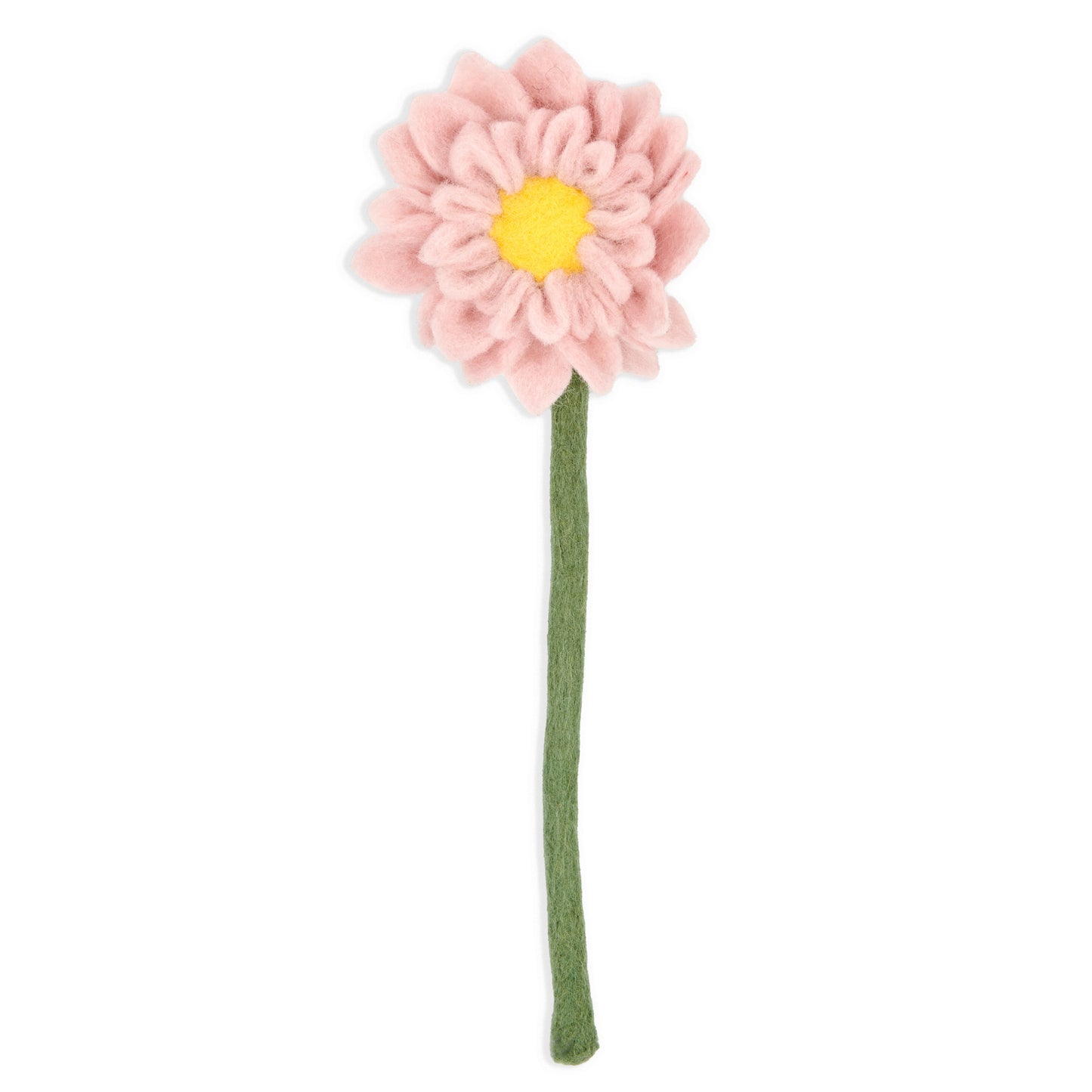 Light pink felt dahlia flower with yellow center.