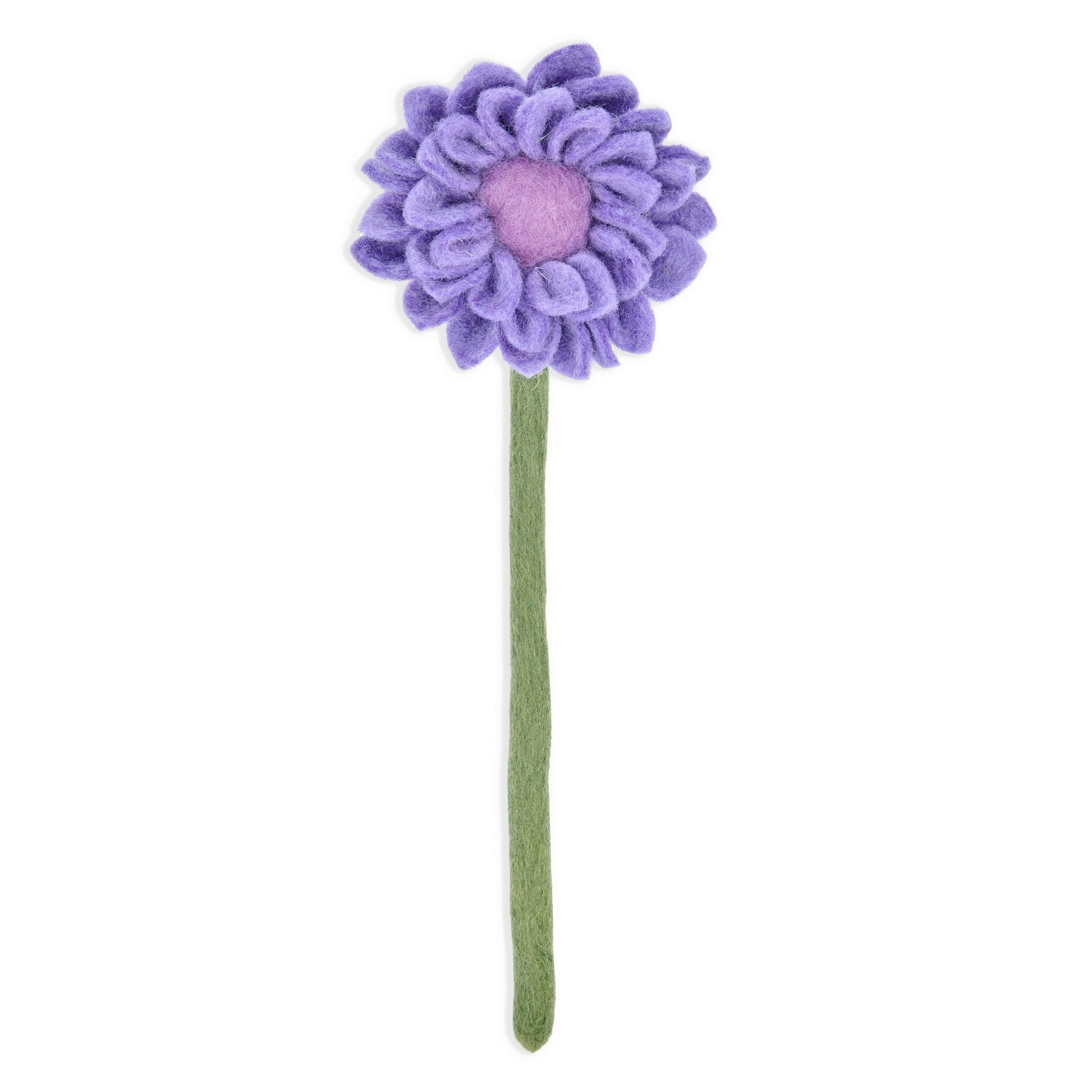 Purple felt dahlia flower with light purple center.