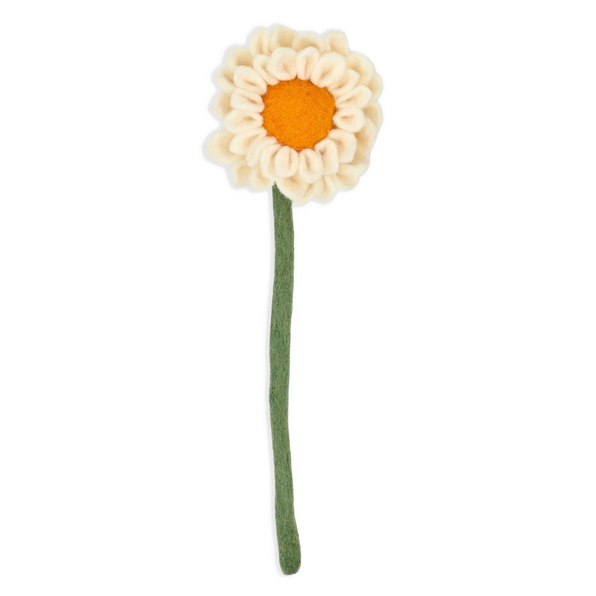 White felt dahlia flower with orange center.