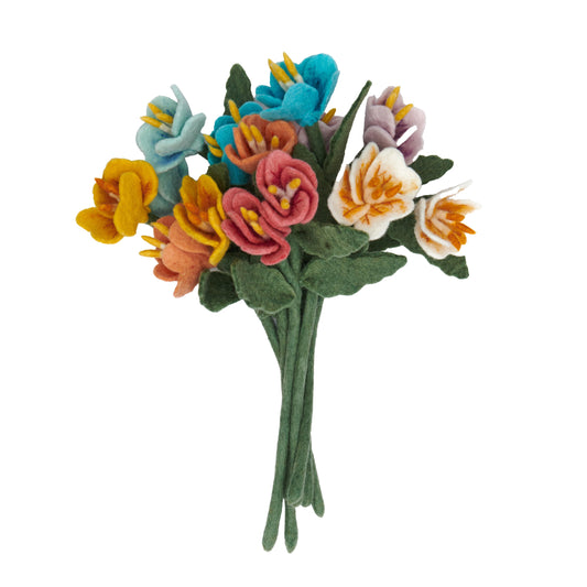 A bunch of felt primrose flowers in orange, blue, red, purple, and white.