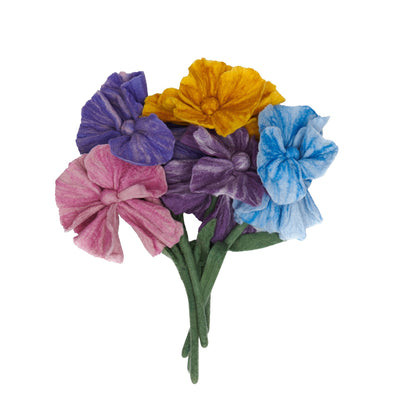 Bunch of felt iris flowers in pink, purple, light purple, yellow, and blue.
