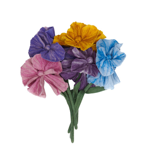Bunch of felt iris flowers in pink, purple, light purple, yellow, and blue.
