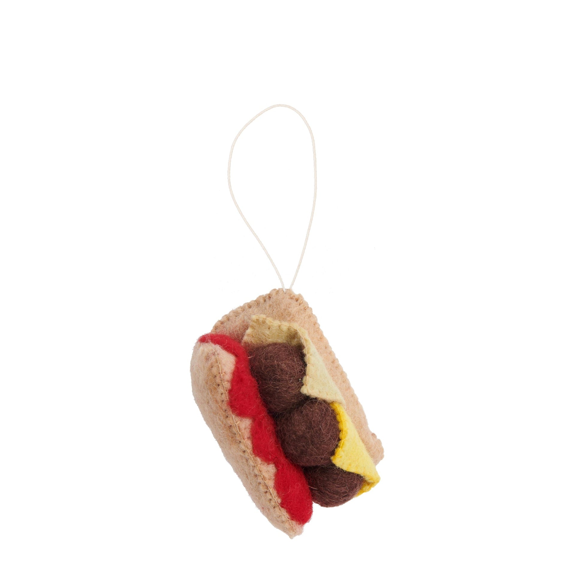 Felt ornament of a meatball sub.