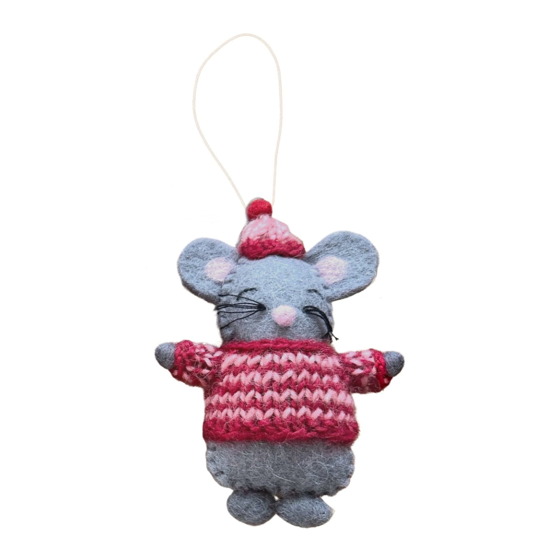 Felt ornament of a grey mouse in a red and white striped knitted sweater and hat.