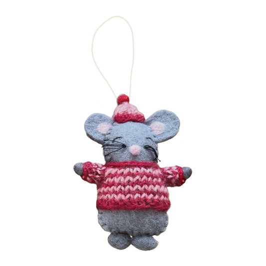 Felt ornament of a grey mouse in a red and white striped knitted sweater and hat.