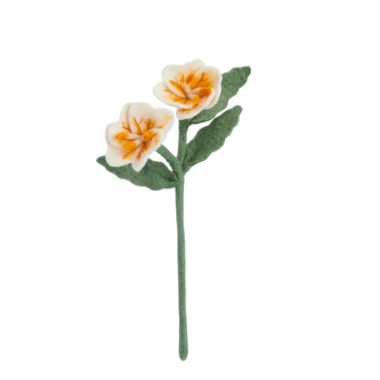White felt primrose flower with yellow center.