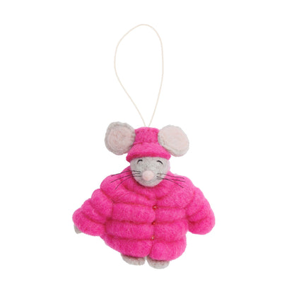 Felt ornament of mouse in bright pink puffer jacket and matching hat.