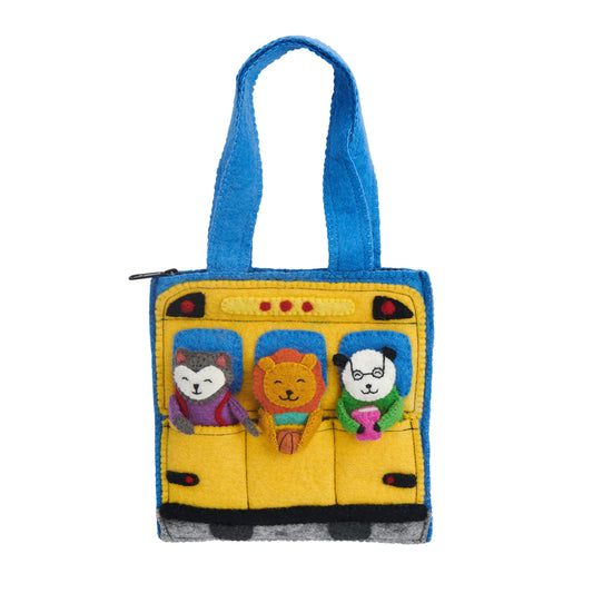 Felt puppet bag features three removable finger puppets of a fox, lion and panda on a classic yellow school bus, waving to us from the back seat.