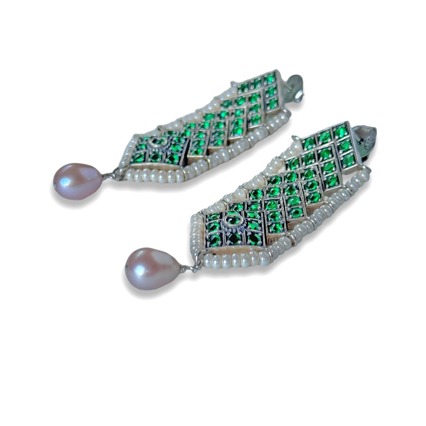 Pair of silver and green lattice post earrings with drop pearl.